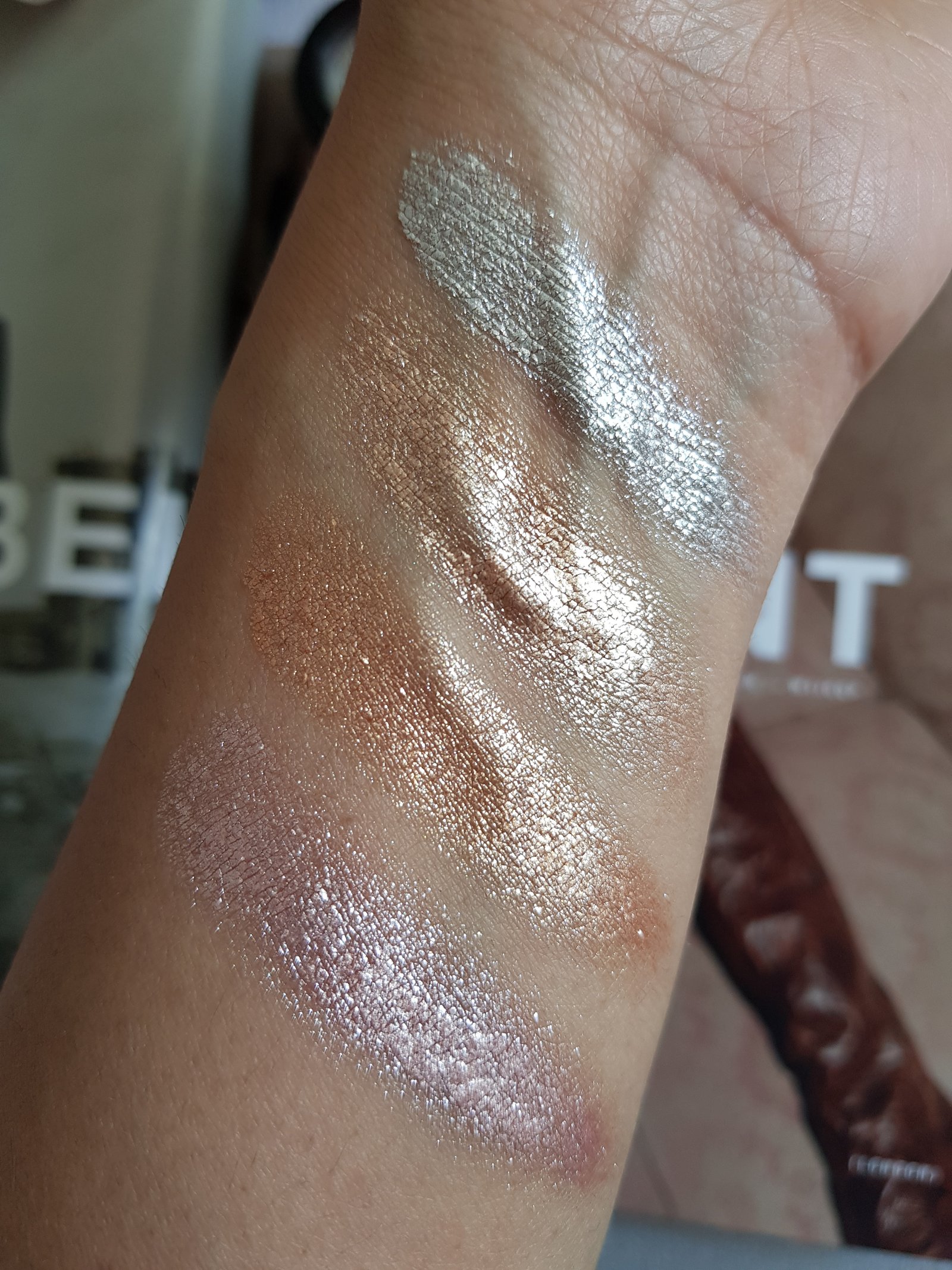 Metal Foil Eyeshadows swatches from Phase Zero Makeup - Left to Right (Godmother, Queen, Star Girl, Princess) - Ms Tantrum Blog