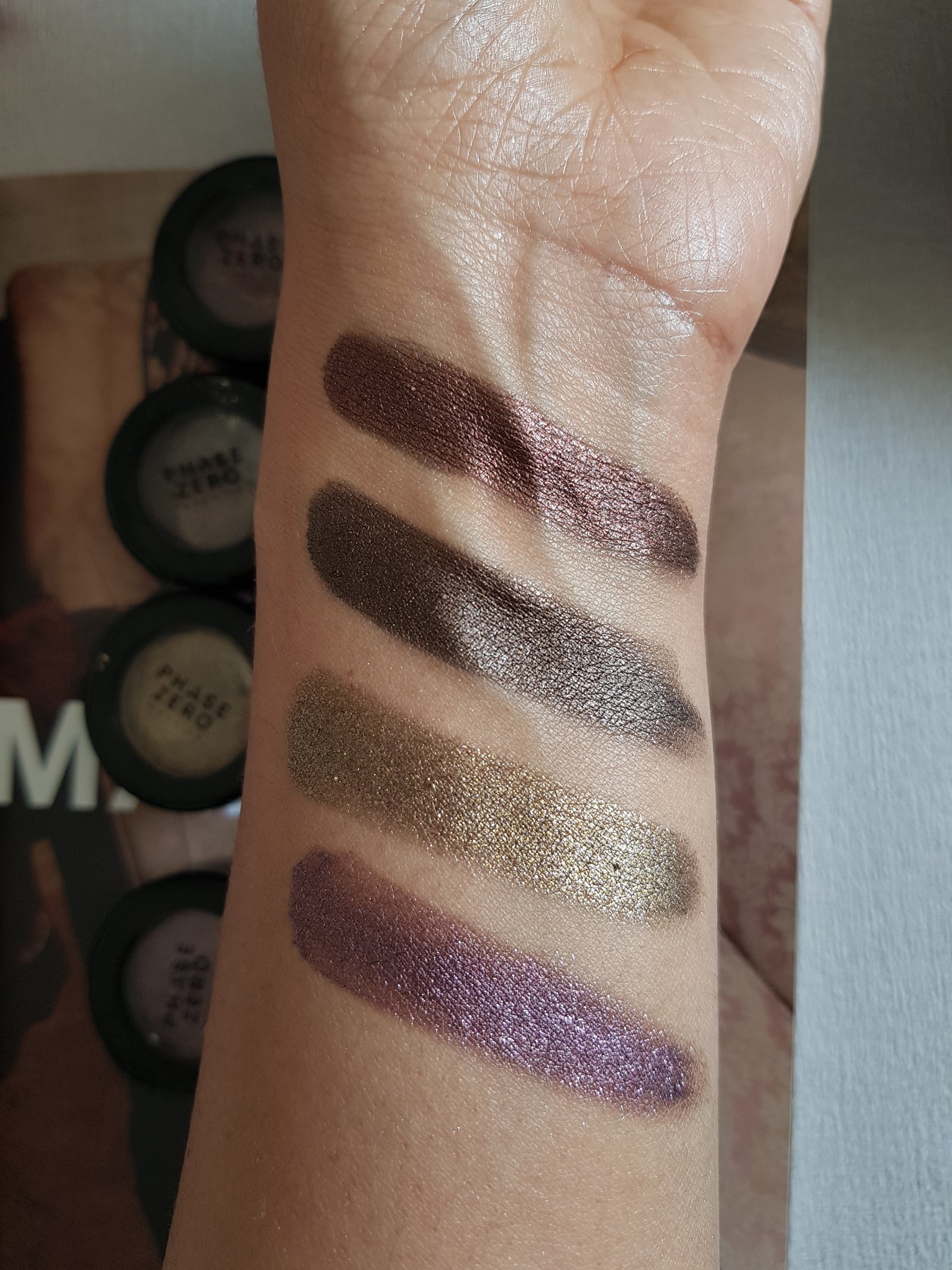 Metal Foil Eyeshadows swatches from Phase Zero Makeup - Left to Right (Goth Girl, Dark Knight, Army, Rockstar) - Ms Tantrum Blog