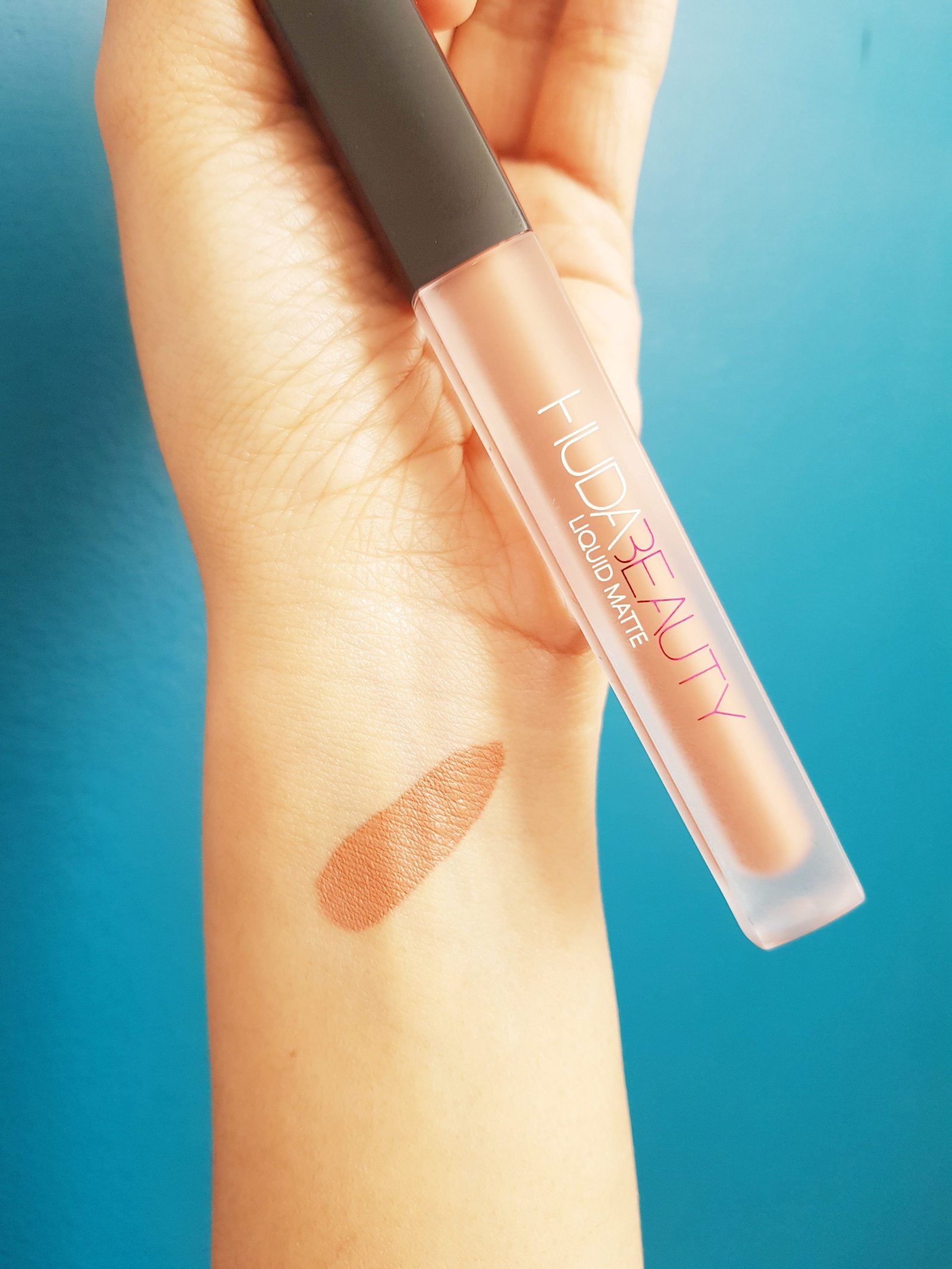 Huda beauty Liquid Matte lipstick - Girlfriend swatch on medium skin