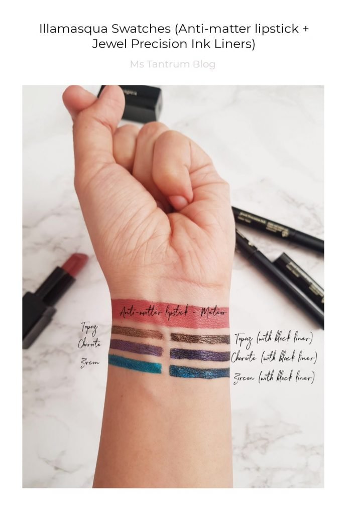 Illamasqua ANtimatter lipstic swatc + Jewel Precision ink liner swatces - Ms Tantrum Blog