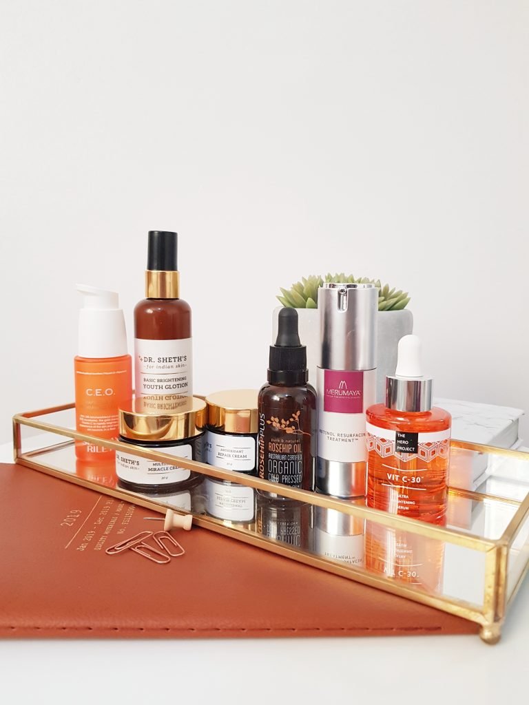 Vitamins for healthy skin, Dr. Sheths skincare, multitasking cream, repair cream, The hero project Vit C-30, Basic brightening youth glotion, Sunday Riley C.E.O. rapid flash brightening serum, Rosehip+ oil, Merumaya Retinol resurfacing serum