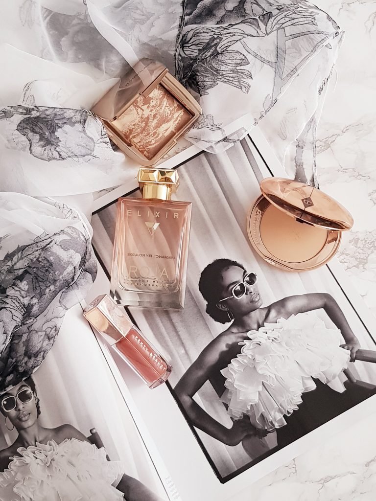 Roja Parfums Elixir, Hourglass Diffused Light Bronze, Fenty Beauty Gloss Bomb and Charlotte Tilbury Flawless finish powder  - Ms Tantrum Blog