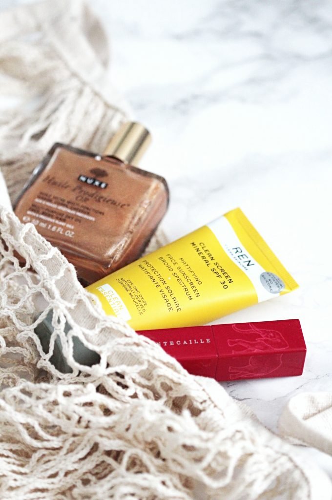 Ren clean screen spf, Nuxe shimmer oil, chantecaille lip veil